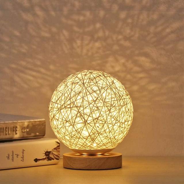 Wood Table Lamp, LED Night Light Lamp with Hand-Knit Wicker Rattan Spherical Ball and USB Charger(White)