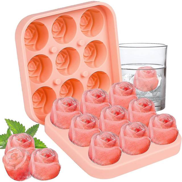 (Pink, One size) Ice Cube Tray  Silicone Ice Cube Trays With Lid 9 Cavity Rose Flower Shape Ice Cube Moulds For Freezer Baby Food Water Whiskey  Cockt