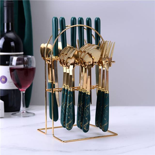 (Dark green) Ceramic Stainless Steel Cutlery Sets Of 24 Pieces