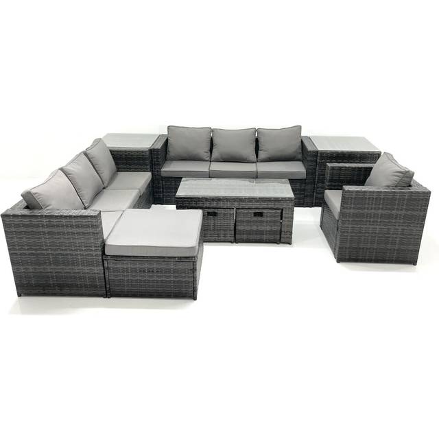 Fimous Outdoor Garden Furniture Set 10 Seater Rattan Sofa Set with Coffee Table 3 Big Footstools Armchair 2 Side Tables Dark Grey Mixed
