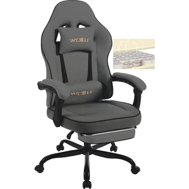 WOLTU Ergonomisk racingstol, kontorsstol med armstöd och ländryggsstöd, roterande spelstol med bred fjäderfylld sits, metallstruktur, syntetiskt tyg, grå, GS10gr