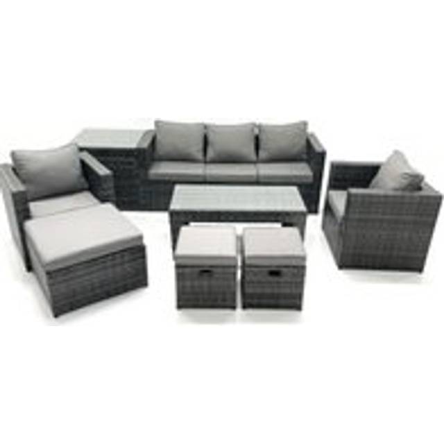 8 Seater Rattan Garden Furniture Set Outdoor Lounger Sofa with Coffee Table 2 Armchair 3 Footstools Side Table Dark Grey Mixed - One Size