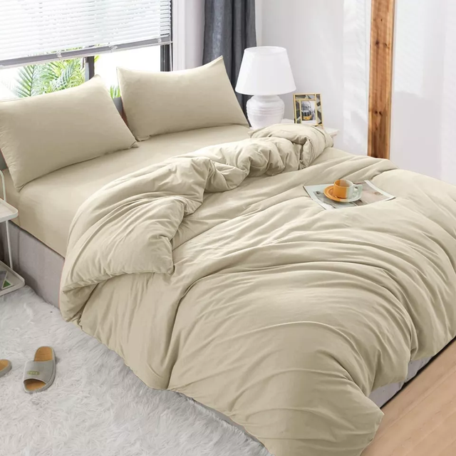 (Beige , Double) Luxury Reversible Quilted Duvet Cover Bedding Set