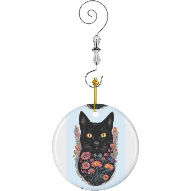 (Pastel Aesthetic Art Black Cat In Autumn Bloom - Fall Vibes Art_9701) Christmas Ornaments Ceramic with Crystal Hook Xmas Handmade Tree Decorations Ke