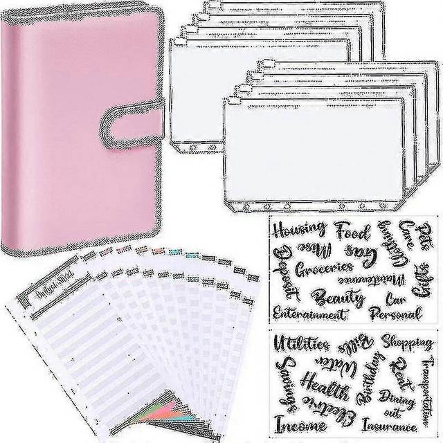 (Pink, One size) A6 Binder Budget Planner Notebook Covers Folder Size 6 Hole Pockets Plastic Zipper Money Saving Envelope