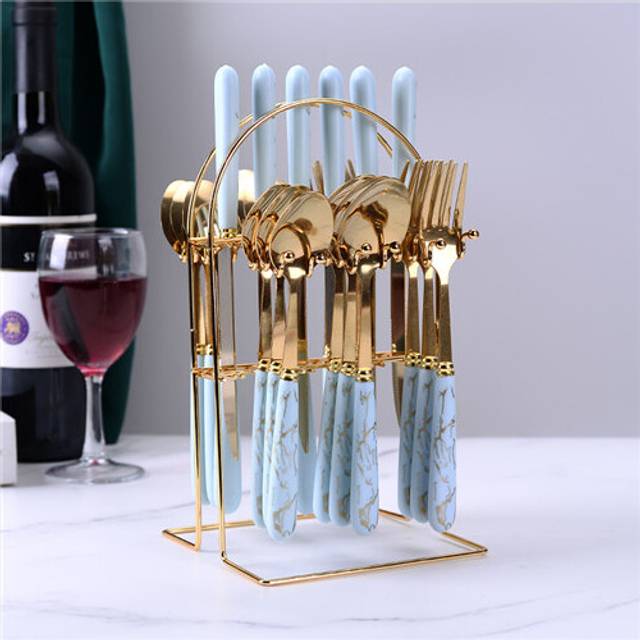 (Light blue) Ceramic Stainless Steel Cutlery Sets Of 24 Pieces