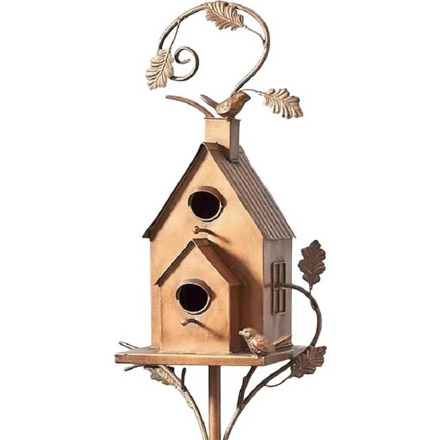 (C) Birdhouse Garden Stakes Metal Bird House with Pole Iron Art Courtyard Bird Feeder Bird Houses