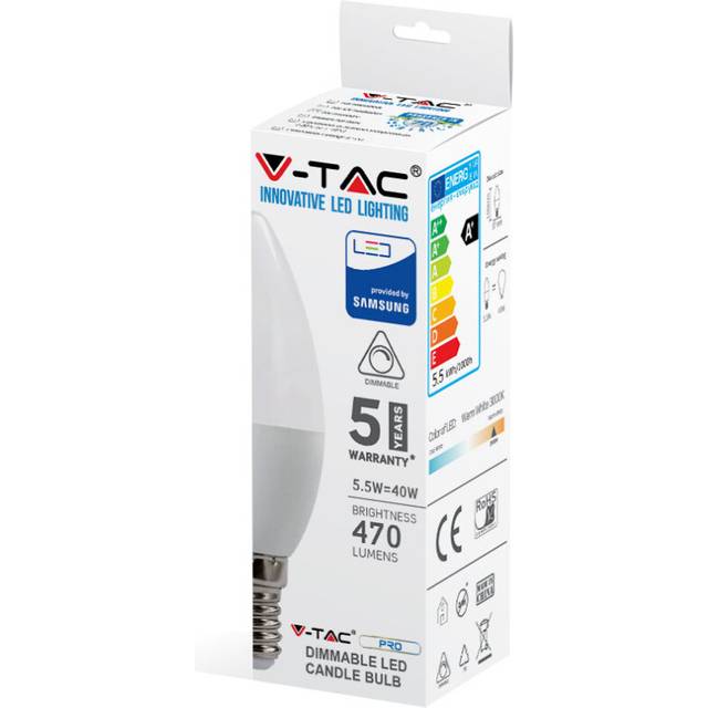 VT-294D 5.5W PLASTIC CANDLE BULB WITH SAMSUNG CHIP COLOUR CODE: 3000K E14 DIMMABLE (859)