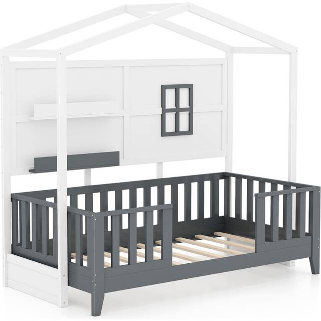 Kids Single Wood House Bed Montessori Floor Bed w/2 Shelves&Guardrails