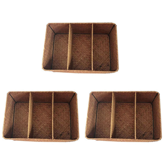3X 3-Section Wicker Baskets for Shelves, Hand-Woven Seagrass Storage Toilet Paper Basket Large