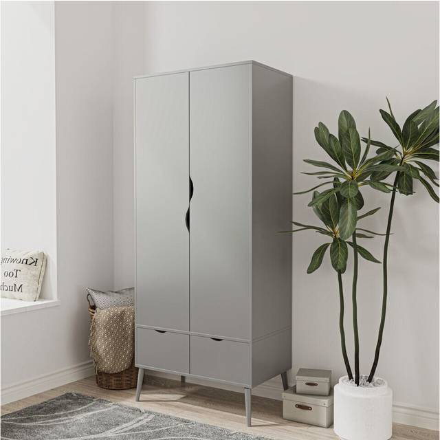 (Grey) 2 Door 2 Drawer Wardrobe with Scandi Legs Cupboard Hanging Rail 180cm