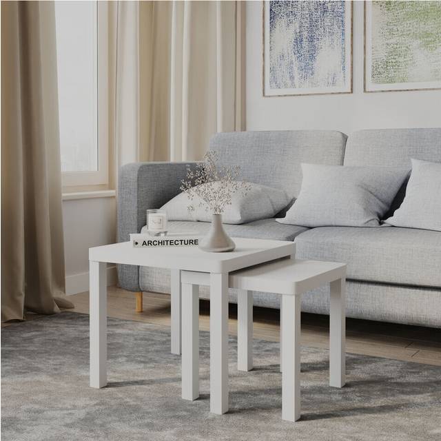 (White) Set of 2 Square Wooden Nesting Stacking Coffee Side Tables Living Room Furniture
