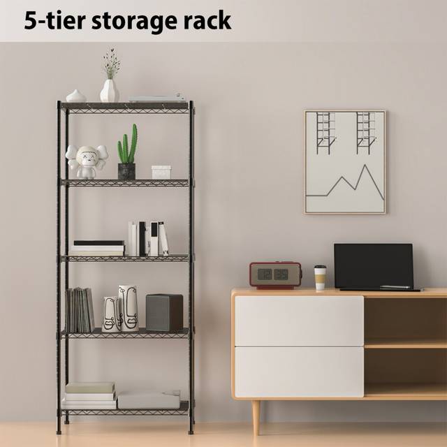 (5 Tier) Black Powder Coated Wire Shelving Unit Sturdy Metal Storage Rack for Kitchen, Bathroom, Garage, and Home Organization