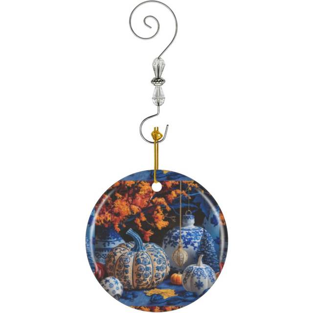 (Blue White Chinoiserie Autumn Embroidery Christmas Ornaments_7797) Christmas Ornaments Ceramic with Crystal Hook Xmas Handmade Tree Decorations Keeps