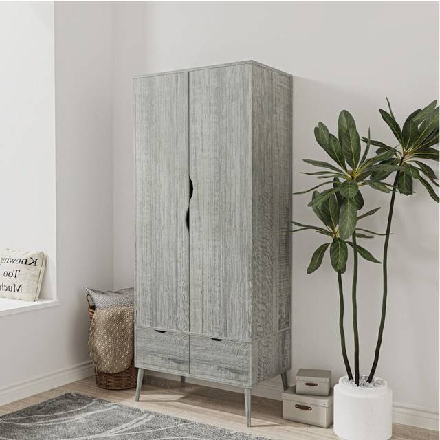 (Ash Grey) 2 Door 2 Drawer Wardrobe with Scandi Legs Cupboard Hanging Rail 180cm