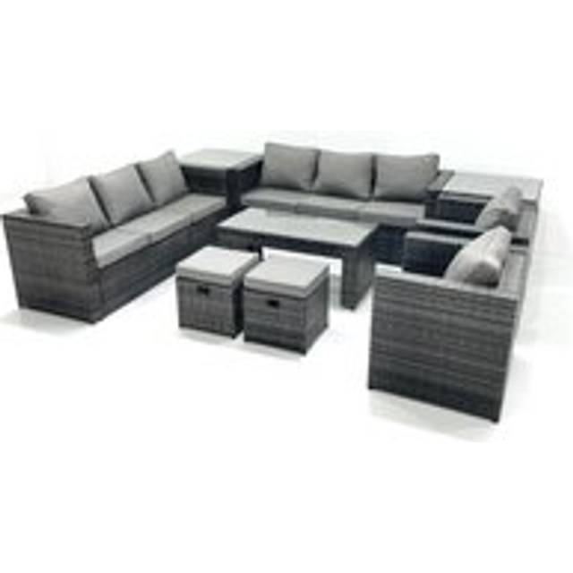 Fimous Rattan Garden Furniture Sofa Set with Coffee table Armchair 2 Side Tables 2 Small Footstools Dark Grey Mixed