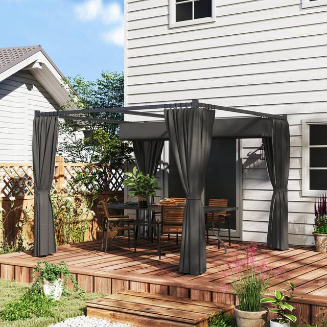 Outsunny 3 x 3(m) Pergola with Retractable Roof and Curtains, Charcoal Grey, Grey