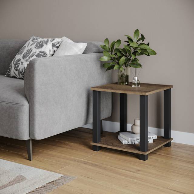 (Dark Oak & Black) 2 Tier S-Tube End Table Small Wood Bedside Nightstand With Storage Shelf