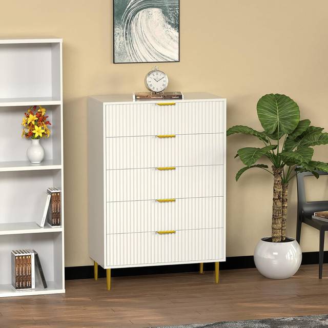 Luxury Wooden Chest Of Drawers For Bedroom 5 Drawer Chest Storage Unit Gold Handle