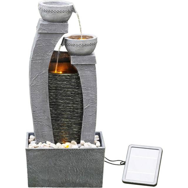 Solar Powered Water Feature, Indoor or Outdoor Garden Water Fountain, Indoor Waterfall with Battery Back Up and LED Lights, 3 Tier, Grey
