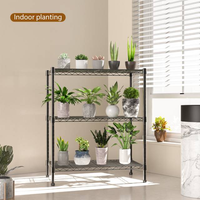 (3 Tier) Black Powder Coated Wire Shelving Unit Sturdy Metal Storage Rack for Kitchen, Bathroom, Garage, and Home Organization