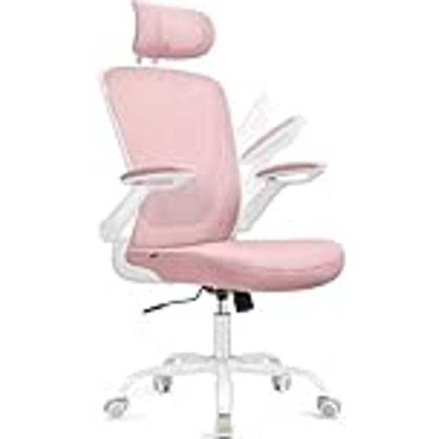 SONGMICS kontorsstol ergonomisk, skrivbordsstol, snurrstol med mesh, vadderat svankstöd, gungfunktion, 53 cm sits, fällbara armstöd, nackstöd, pastellrosa OBN047R01
