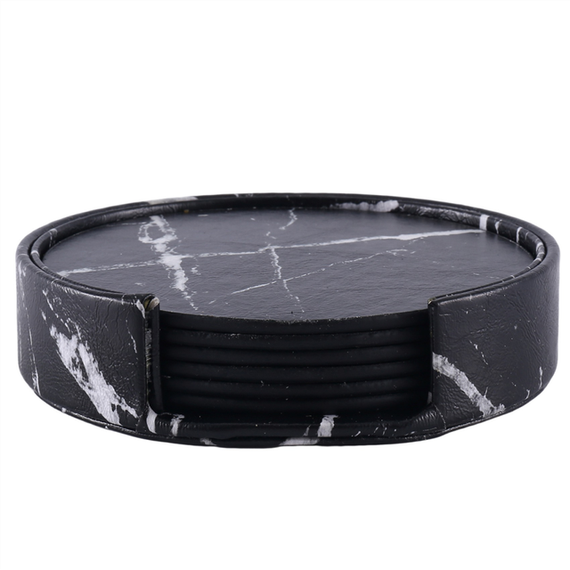 Coasters for 6-Piece with Holder,Black Round Cup Mat Set