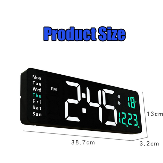 LED Digital Wall Clock with Remote Control Wall-Mounted Clocks Temp Date Week Display Dual Electronic Alarms Table Blue