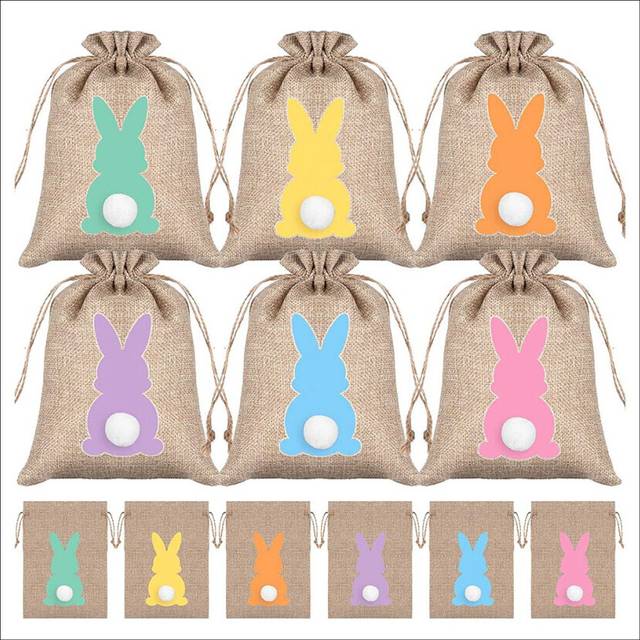 24 Pcs Easter Day Party Favor Bags Bunny Burlap Gift Bags Candy Bags Bags for Easter Day 6 x 4 Inch