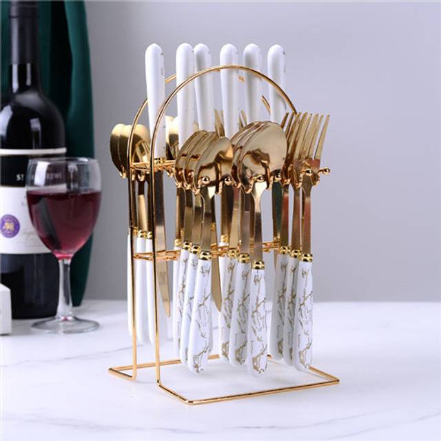 (White) Ceramic Stainless Steel Cutlery Sets Of 24 Pieces