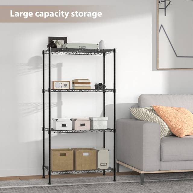 (4 Tier) Black Powder Coated Wire Shelving Unit Sturdy Metal Storage Rack for Kitchen, Bathroom, Garage, and Home Organization