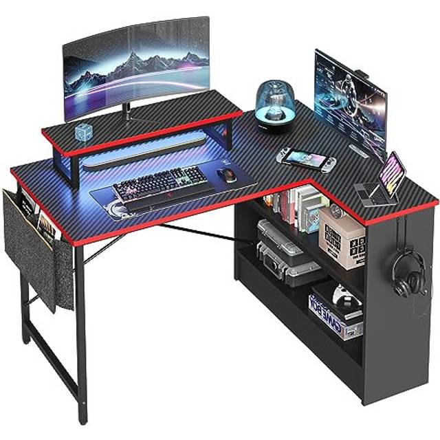 Bestier Small L Shaped Gaming Desk with LED Lights  42 Inch Computer Desk with Monitor Stand  Open Storage Cabinet  Side Storag