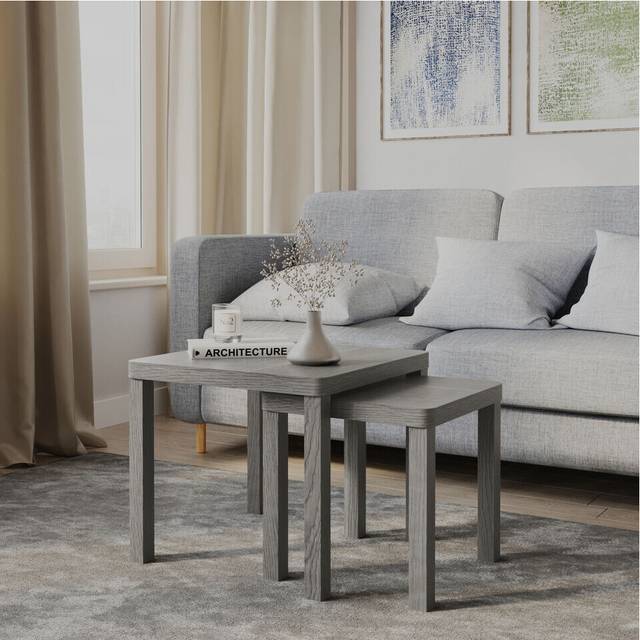 (Cedar Grey) Set of 2 Square Wooden Nesting Stacking Coffee Side Tables Living Room Furniture