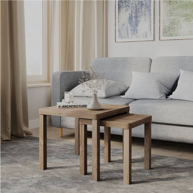 (Oak) Set of 2 Square Wooden Nesting Stacking Coffee Side Tables Living Room Furniture