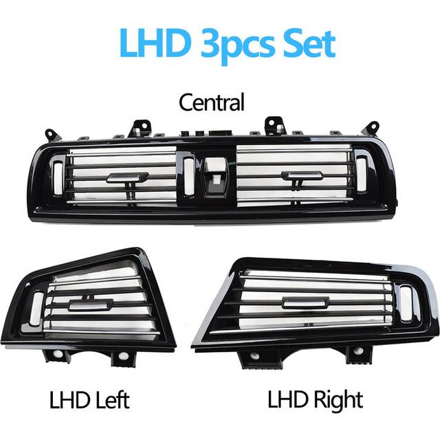 (LHD 3pcs Set) Car Interior LHD RHD Piano Black Front Air Vents AC Outlet Panel Chrome