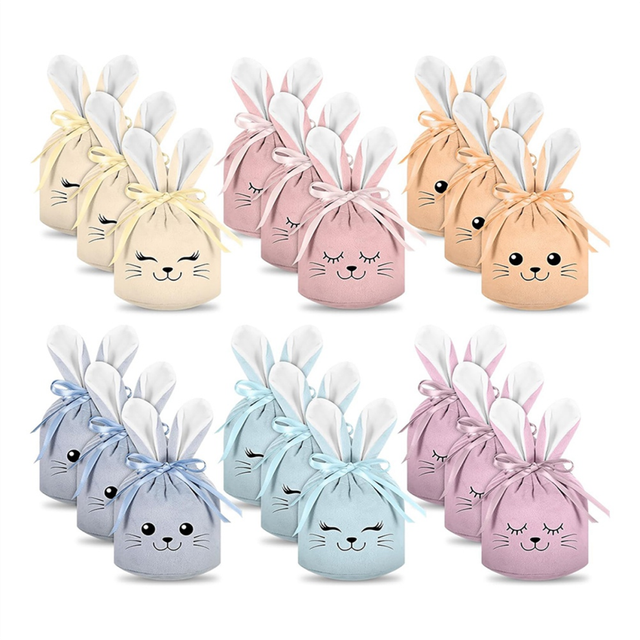 18 Pcs Easter Bunny Gift Bags Ear Velvet Drawstring Bags,Bunny Pouches Favors, 6 Color