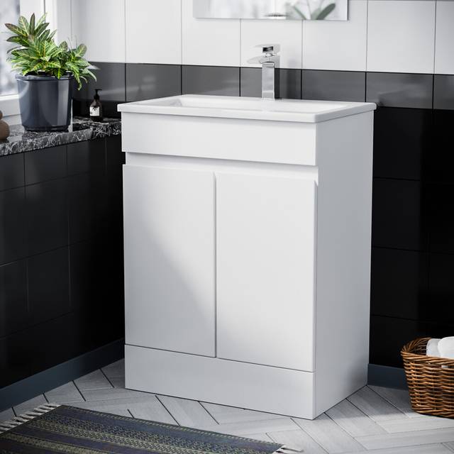 Nes home white 600mm pvc freestanding bathroom slim basin vanity unit