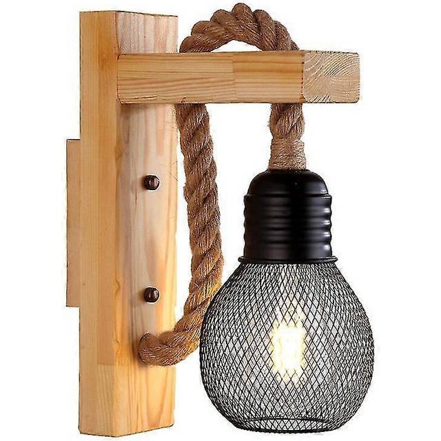 (As show, One size) hemp rope led industrial wall sconce/wooden lamp, e27 baseblack