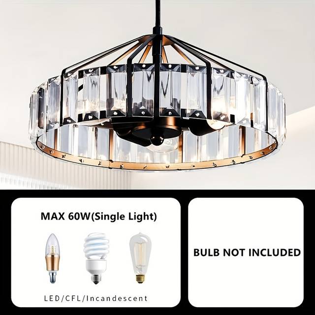 (1pc) 1pc 3-Light Farmhouse Chandelier, Black Crystal, Modern Rustic Vintage Pendant Lighting, Metal Ceiling Fixture