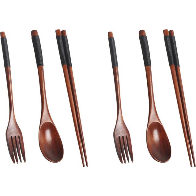 2X Wooden Flatware Set, Wooden Portable Set Chopsticks Spoon Fork Tableware Dinnerware with Black Twining Thread