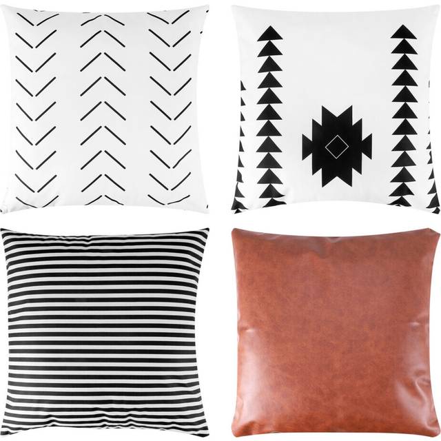 Decorative Throw Pillow Covers Couch, Sofa, Or Bed 4 18X18 Inch Modern Design Short Plush Geometric Faux Leather Amaro Set