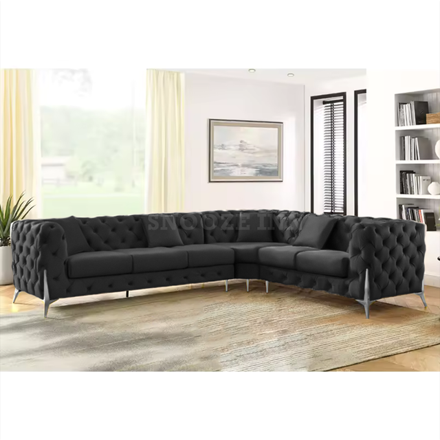 (Black, 6 Seater Left Hand Facing) SNOOZE Online Chesterfield 3 and 2 Seater Sofa Sets, Corner Sofas For Living Room, Upholstered Plush Fabric 3 Seate