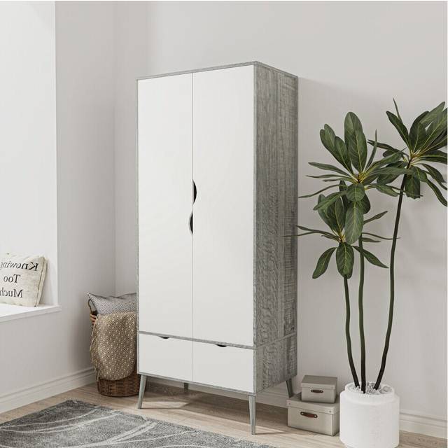 (Ash Grey White) 2 Door 2 Drawer Wardrobe with Scandi Legs Cupboard Hanging Rail 180cm