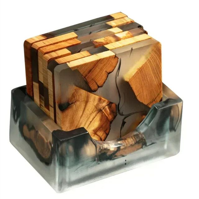 Wood Coasters Set with Epoxy Resin - Modern Holder