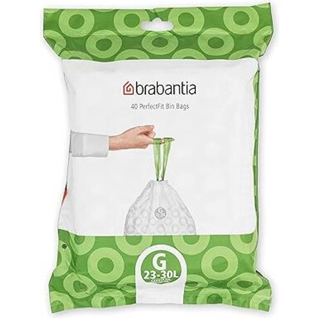 Brabantia PerfectFit Bin Liners (Size G/23-30 Liter) Thick Plastic Trash Bags with Tie Tape Drawstring Handles (40 Bags)