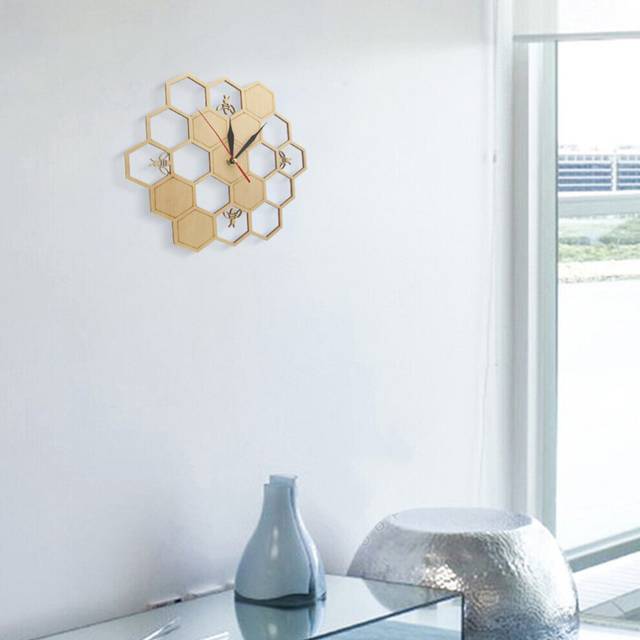 Cut Wood Clock on Honey Comb Hexagon Watch Wall Clock Geometric Kitchen Art Decor