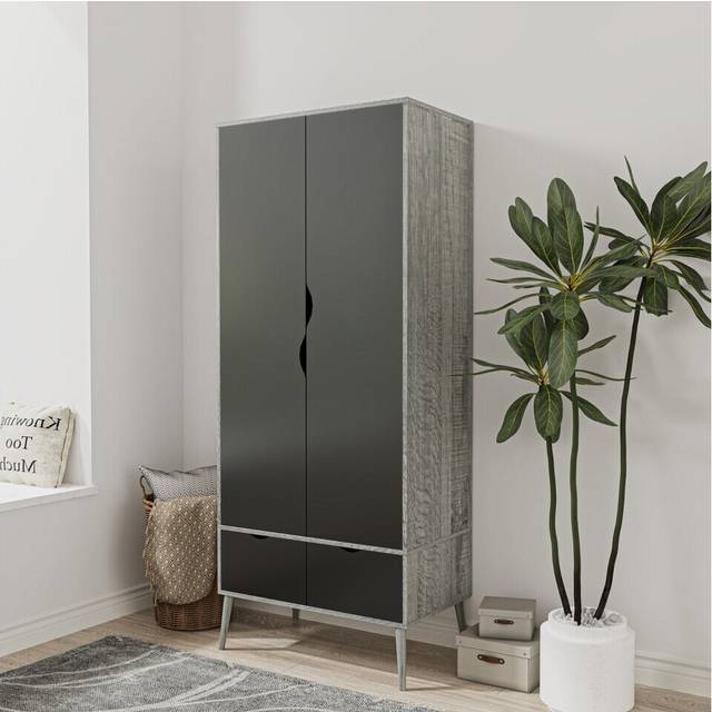(Ash Grey Black) 2 Door 2 Drawer Wardrobe with Scandi Legs Cupboard Hanging Rail 180cm