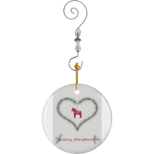 (Red Green Christmas Heart With Dala Horse And Lettering_5574) Christmas Ornaments Ceramic with Crystal Hook Xmas Handmade Tree Decorations KeepsakeÂ