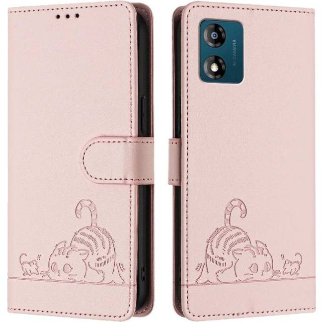 (Pink) Case for Motorola Moto E13 2023 4g Wallet Flip Cover Cat Rfid Card Slot Holder Kickstand