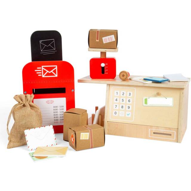 Bigjigs Toys Post Office Set - 20pc Wooden Postie Playset, Toddler Pretend Play Sets & Accessories, Red